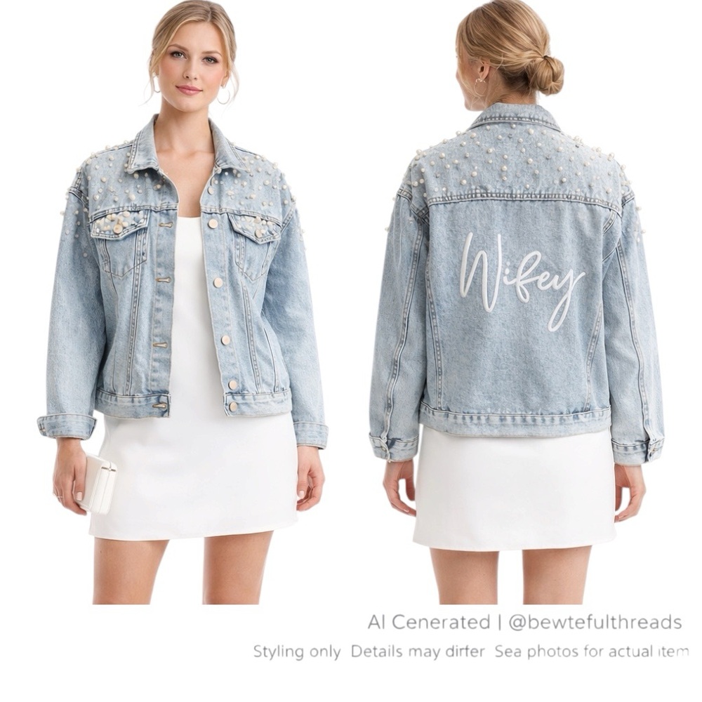 Bride Denim Jacket Pearl Wifey Bridal Bachelorette M-L 8-12
